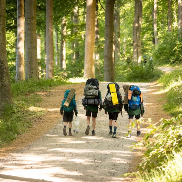 To spejderledere viser en færdselstavle for en gruppe børn